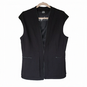 Peter Nygard Black Sleeveless Collarless Blazer Faux Leather Trim